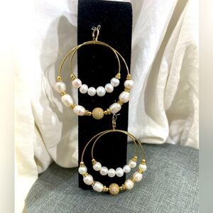 Gold Plated Hoops W/ Fresh Water Pearls with CZ Crystals And Gold Clasp Hooks.